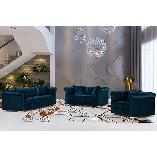 Photo of Kenosha malta plush velour fabric sofa suite in peacock