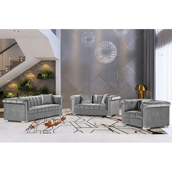Product photograph of Kenosha Malta Plush Velour Fabric Sofa Suite In Silver from Furniture in Fashion