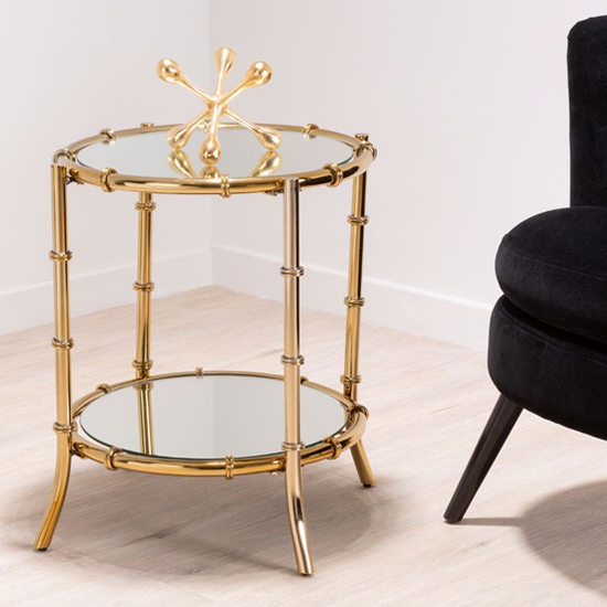 Product photograph of Kensick Round Mirrored Glass Side Table With Gold Frame from Furniture in Fashion