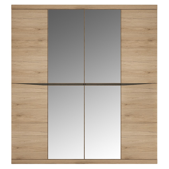 Product photograph of Kenstoga Mirrored Wooden 4 Doors Wardrobe In Grained Oak from Furniture in Fashion