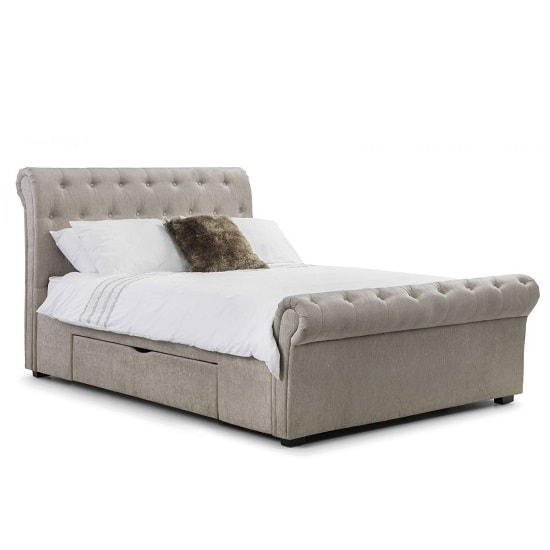 Photo of Rahela chenille fabric king size bed in mink with 2 drawers