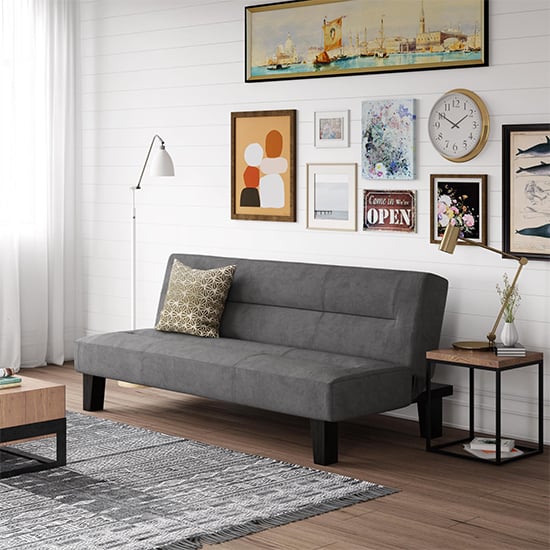 Product photograph of Keori Velvet Futon Sofa Bed In Grey With Wooden Legs from Furniture in Fashion