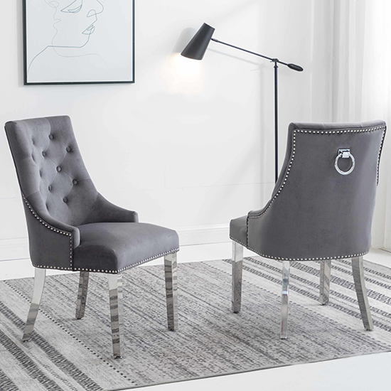 Read more about Kepro knocker dark grey velvet dining chairs in pair