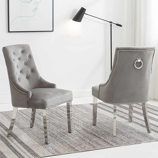 Photo of Kepro knocker light grey velvet dining chairs in pair