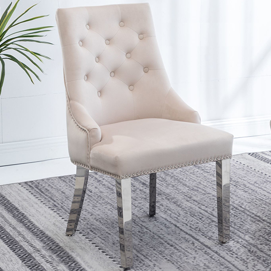 Product photograph of Kepro Knocker Back Velvet Dining Chair In Cream from Furniture in Fashion