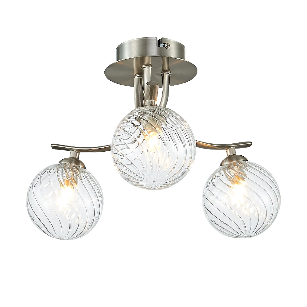 Product photograph of Kettlewell 3 Light Glass Shade Flush Light In Satin Nickel from Furniture in Fashion