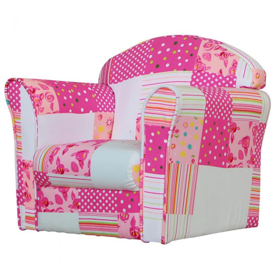 Photo of Kids mini fabric armchair in white with pink patchwork