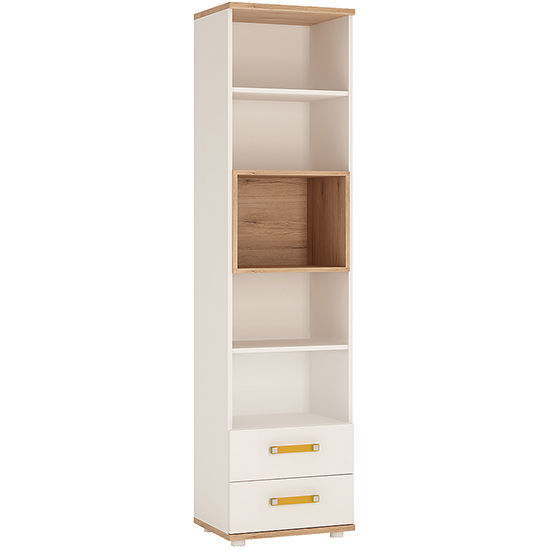 Read more about Kepo wooden bookcase in white high gloss and oak with 2 drawers
