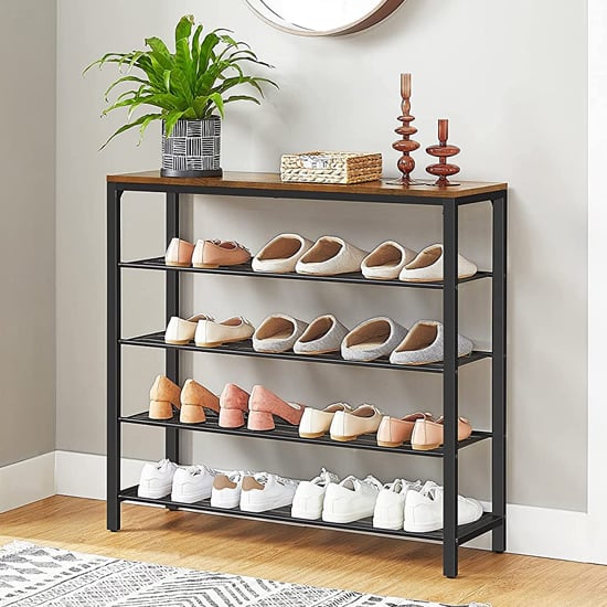 Kinston Wooden Industrial Shoe Rack In Rustic Brown | FiF