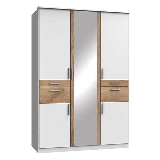 Product photograph of Koblenz Mirrored Wardrobe In White And Planked Oak With 4 Drawer from Furniture in Fashion