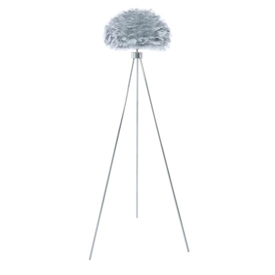Product photograph of Kokomo Grey Goose Feather Shade Floor Lamp With Chrome Tripod from Furniture in Fashion
