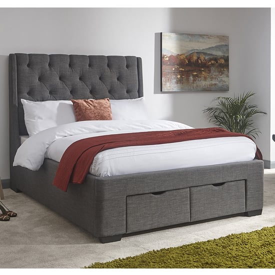 Kew Fabric Upholstered Double Bed With Drawers In Grey 