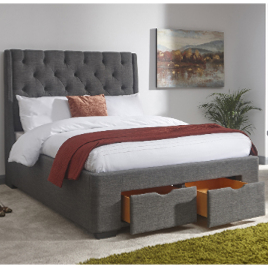Kew Fabric Upholstered King Size Bed With Drawers In Grey | FiF