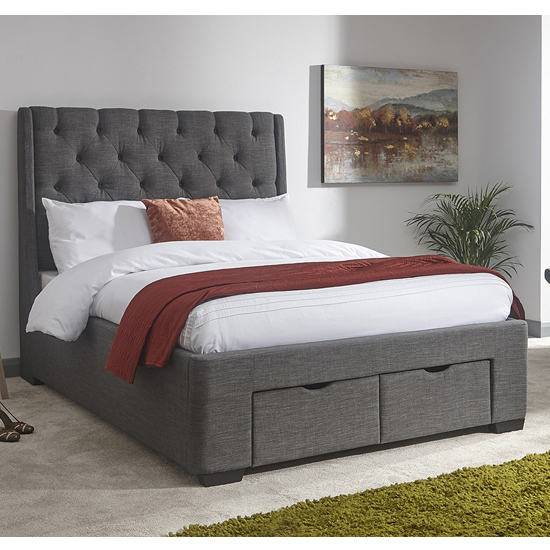 Kew Fabric Upholstered King Size Bed With Drawers In Grey | FiF