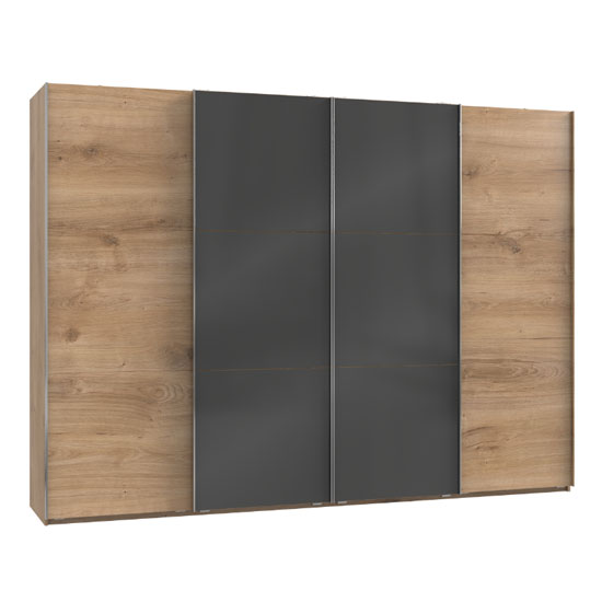 Product photograph of Koyd Mirrored Sliding Wardrobe In Grey And Planked Oak 4 Doors from Furniture in Fashion