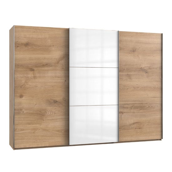 Product photograph of Koyd Mirrored Sliding Wardrobe In White And Planked Oak 3 Doors from Furniture in Fashion