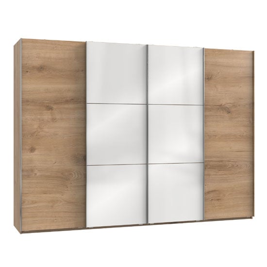 Product photograph of Koyd Mirrored Sliding Wardrobe In White And Planked Oak 4 Doors from Furniture in Fashion