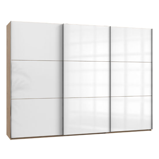 Product photograph of Koyd Wooden Sliding Wardrobe In White And Planked Oak 3 Doors from Furniture in Fashion