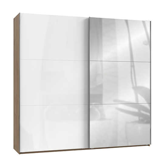 Read more about Kraza mirrored sliding wide wardrobe in gloss white planked oak