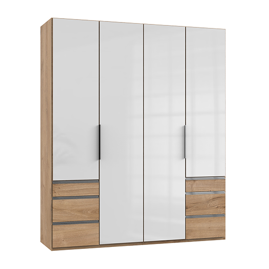 Kraza Wooden 4 Doors Wardrobe In Gloss White And Planked Oak ...