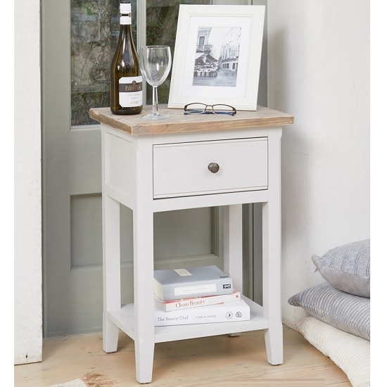Read more about Krista wooden lamp table in grey with 1 drawer