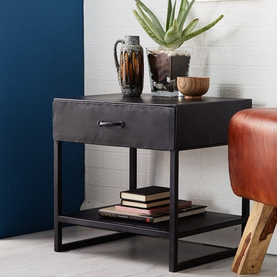 Read more about Kristel contemporary lamp table in dark iron with 1 drawer