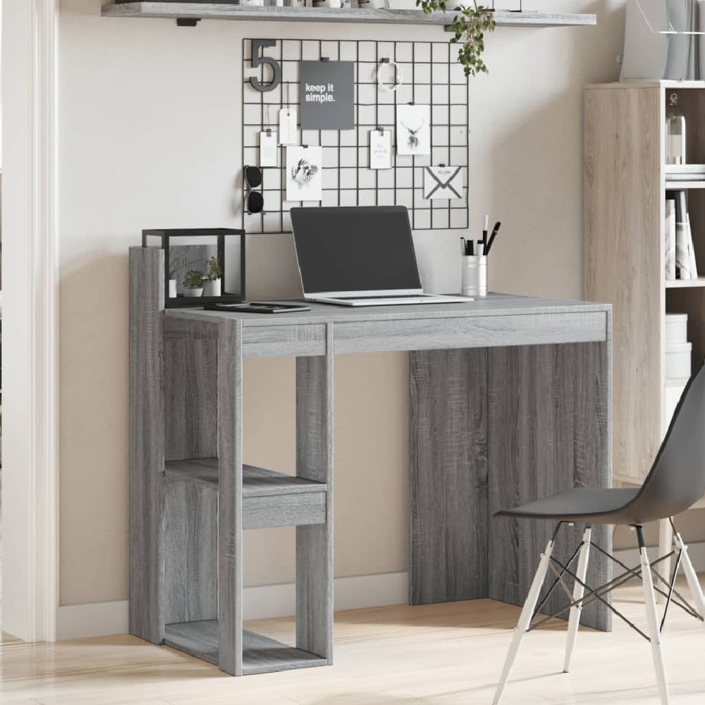 krum wooden laptop desk with 2 shelves in grey sonoma