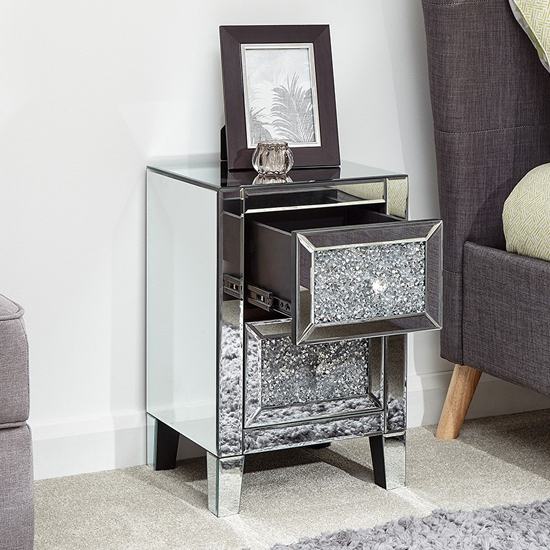 Laconia Mirrored Jewelled Bedside Cabinet With 2 Drawers | Sale