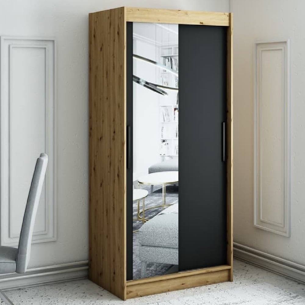 laconia mirrored wardrobe with 2 sliding doors in black and oak