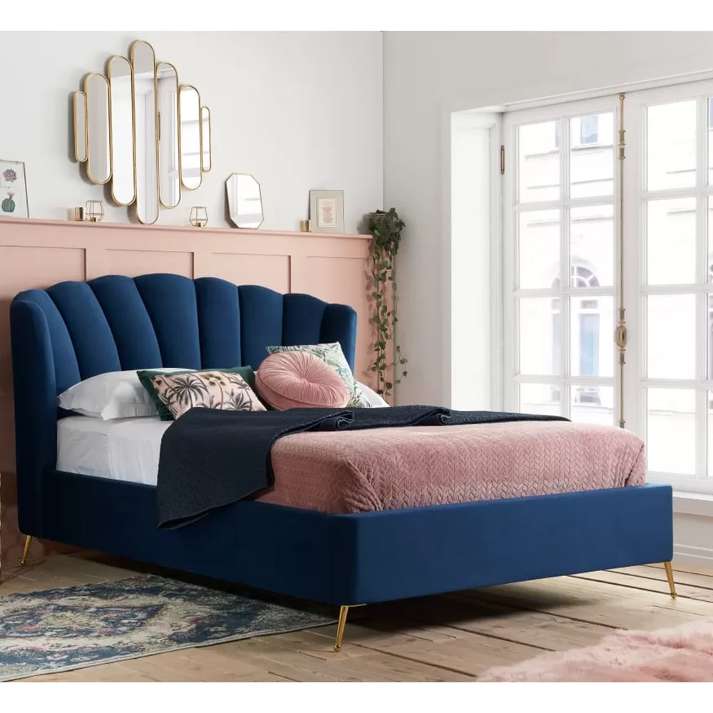 laconia ottoman fabric double bed in midnight blue