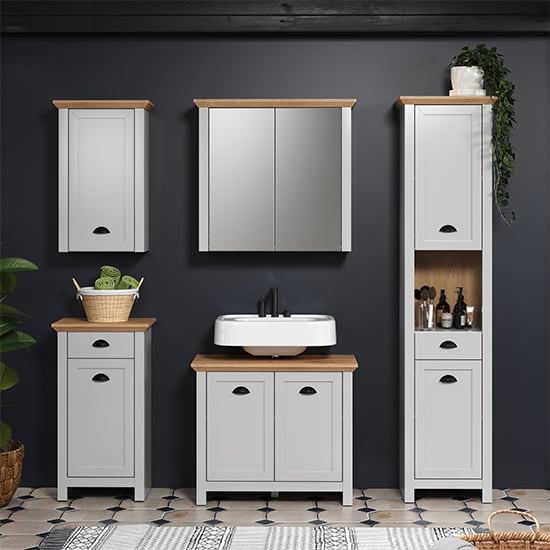 Photo of Lajos wooden bathroom furniture set in light grey with led