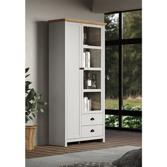 Lajos Wooden Tall Display Cabinet In Light Grey With LED Lights ...