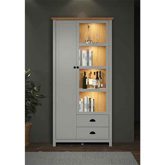 Read more about Lajos wooden tall display cabinet in light grey with led lights