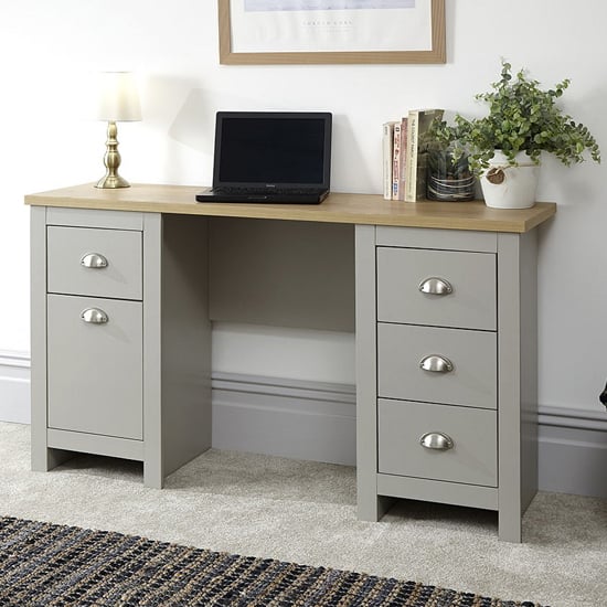 View Loftus wooden study desk in grey with 1 door and 4 drawers