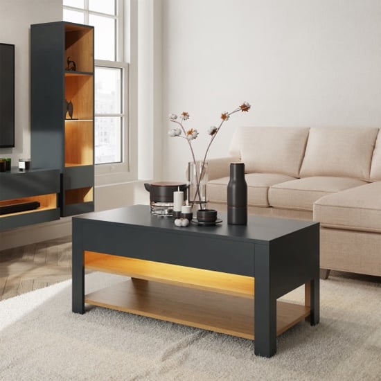 langley wooden coffee table in anthracite and oak with led