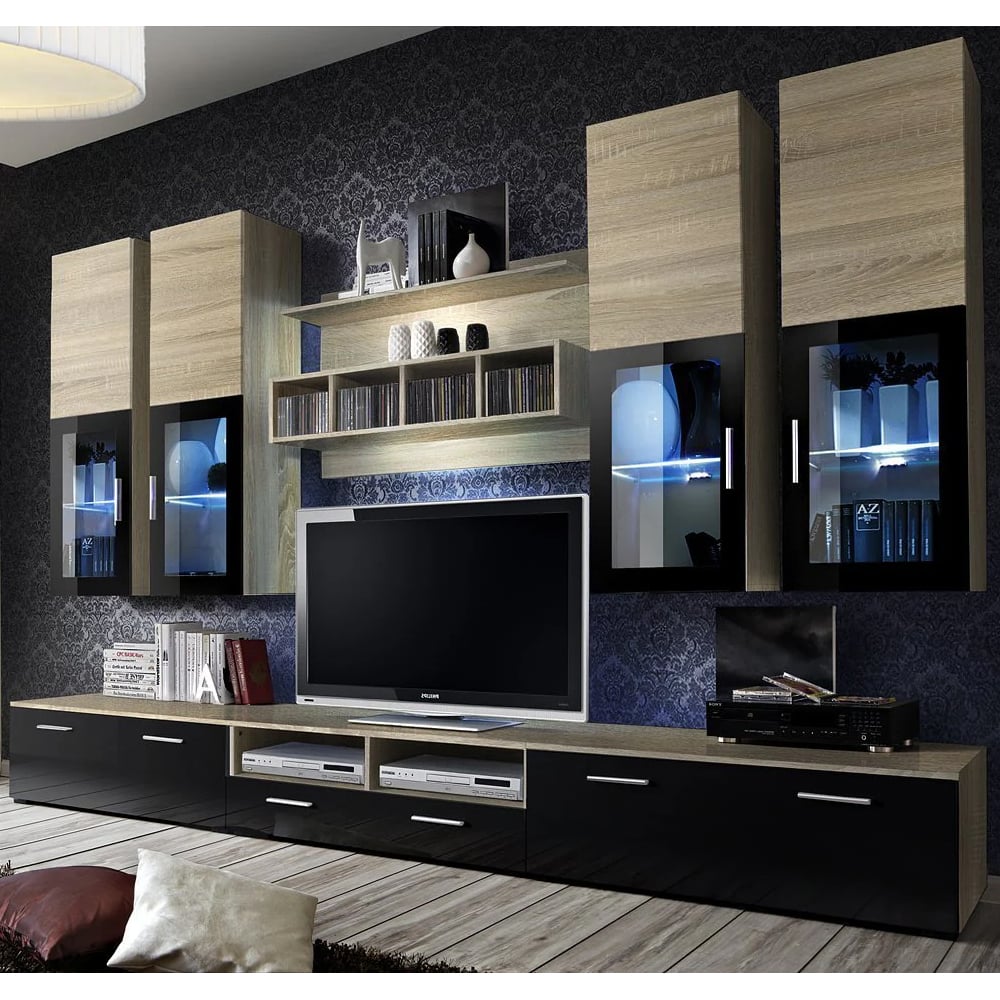 lansing high gloss entertainment unit in black and oak with led