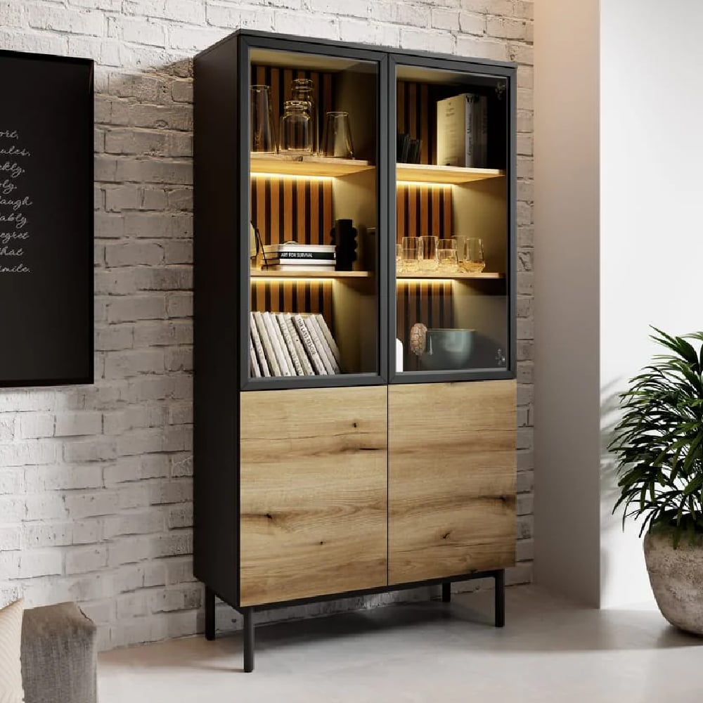 Read more about Laramie led wooden display cabinet with 4 doors in oak and black