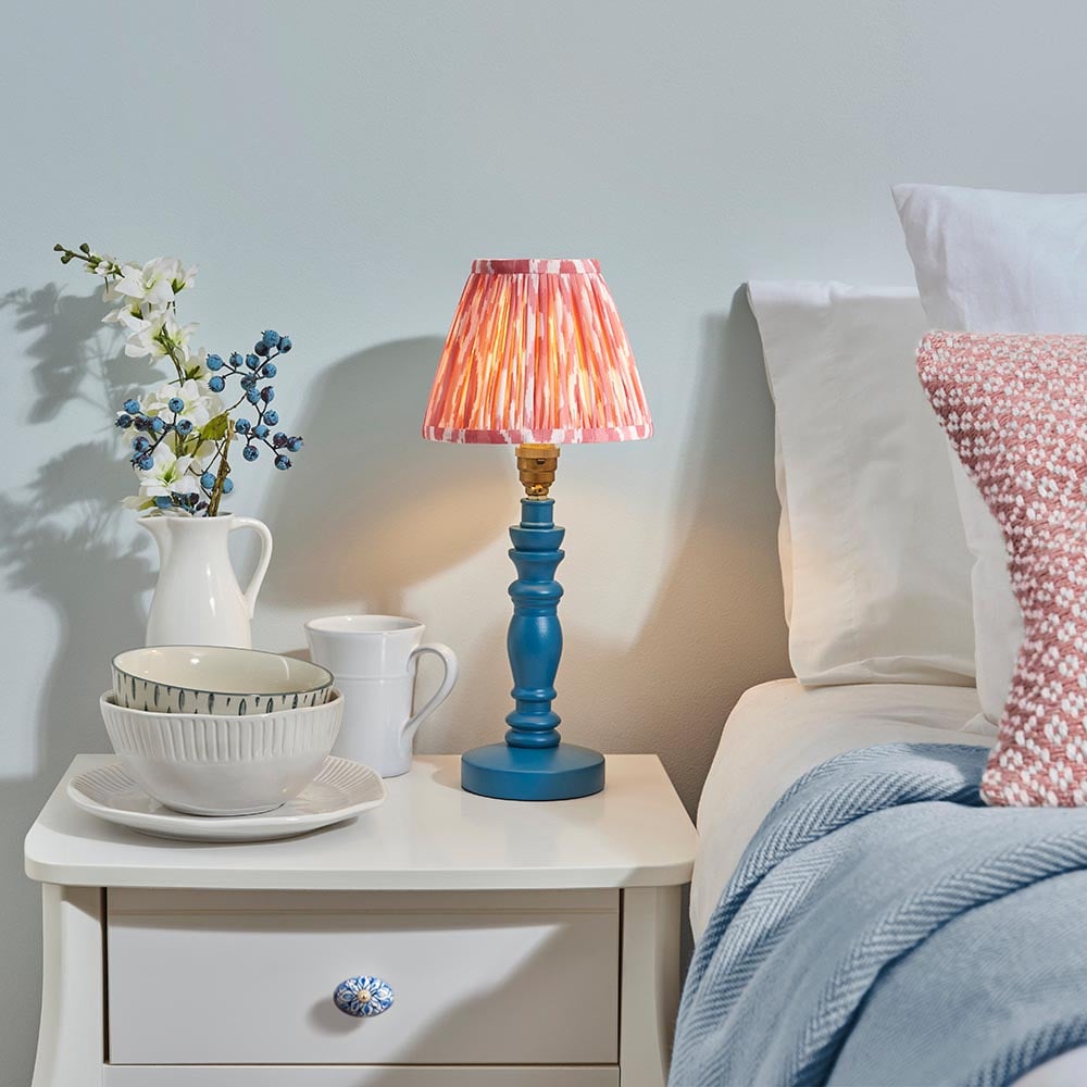 Product photograph of Laredo Coral Pink 16cm Shade Wood Table Lamp In Marlin Blue from Furniture in Fashion