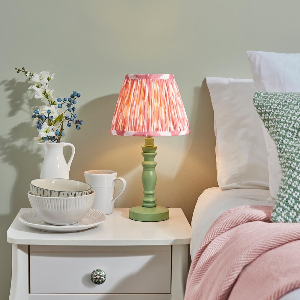 Product photograph of Laredo Coral Pink 20cm Shade Wood Table Lamp In Cotswold Green from Furniture in Fashion