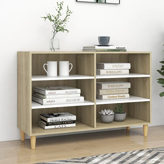 Read more about Larya wooden bookcase with 6 shelves in white and sonoma oak