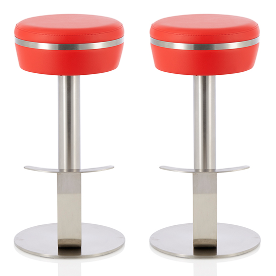 Read more about Latos red faux leather fixed bar height bar stools in pair