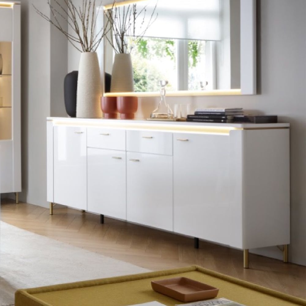 Product photograph of Laughlin Led High Gloss Sideboard With 4 Doors 2 Drawers In White from Furniture in Fashion