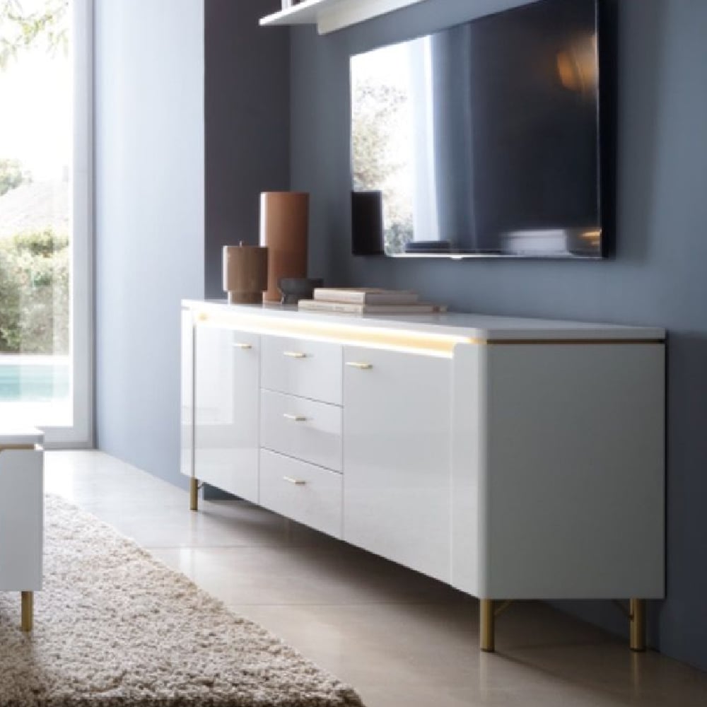 Product photograph of Laughlin Led High Gloss Tv Stand With 2 Doors 3 Drawers In White from Furniture in Fashion