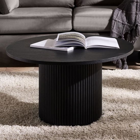 laurel fluted wooden coffee table round in matt black