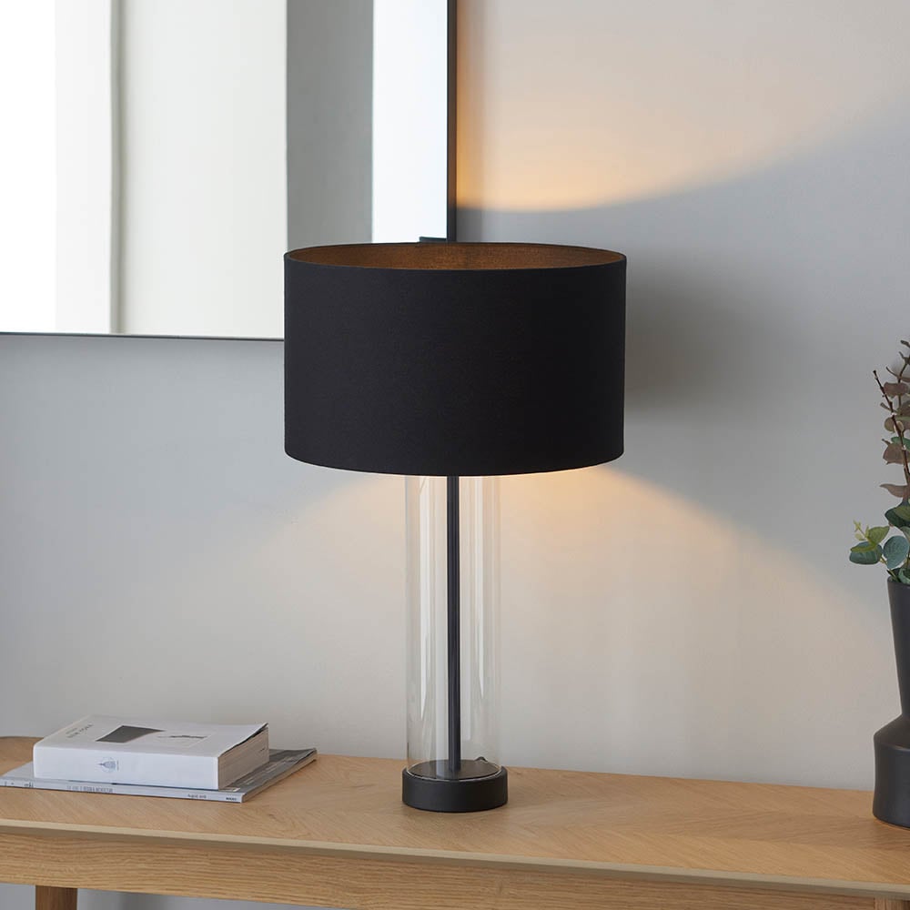 Product photograph of Laurel Glass Fabric Drum Shade Table Lamp In Matt Black from Furniture in Fashion