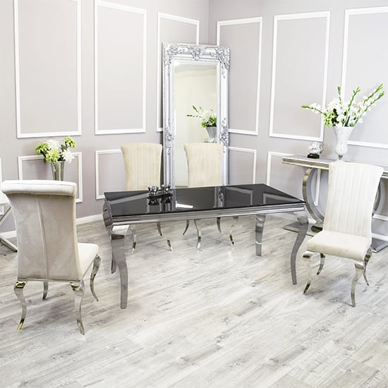 Product photograph of Laval Black Glass Dining Table With 8 North Cream Chairs from Furniture in Fashion