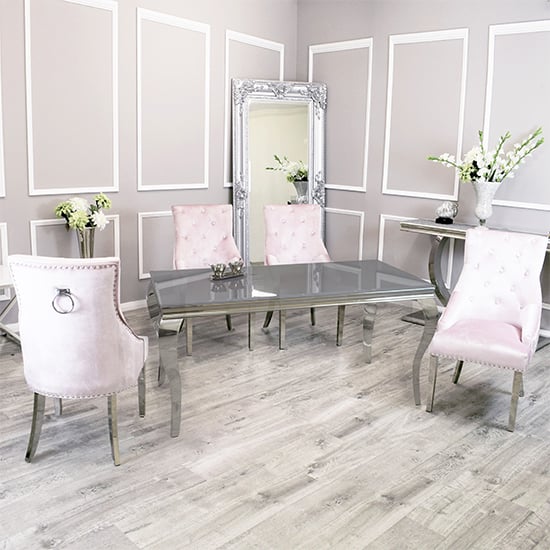 Product photograph of Laval Grey Glass Dining Table With 8 Dessel Pink Chairs from Furniture in Fashion
