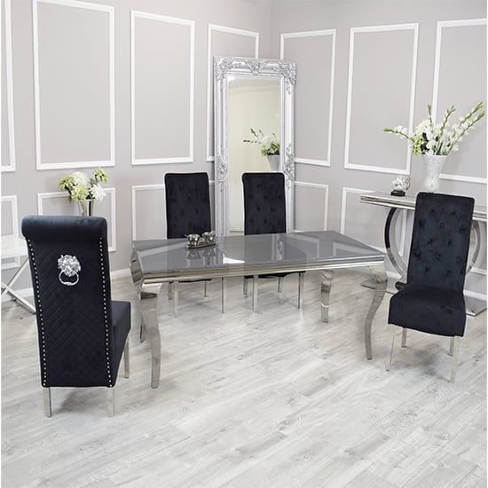 Product photograph of Laval Grey Glass Dining Table With 8 Elmira Black Chairs from Furniture in Fashion