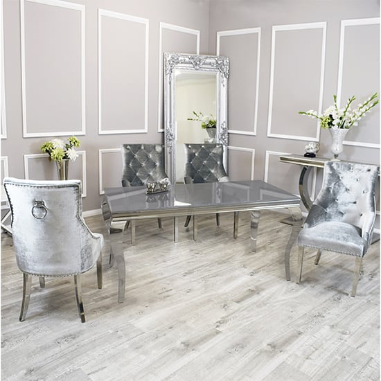 Product photograph of Laval Grey Glass Dining Table With 8 Dessel Pewter Chairs from Furniture in Fashion