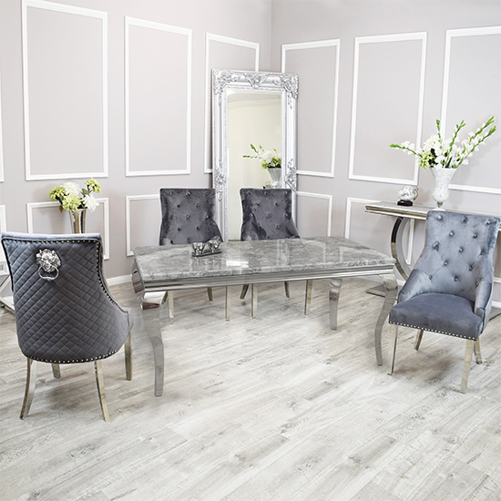 Photo of Laval light grey marble dining table 6 benton dark grey chairs